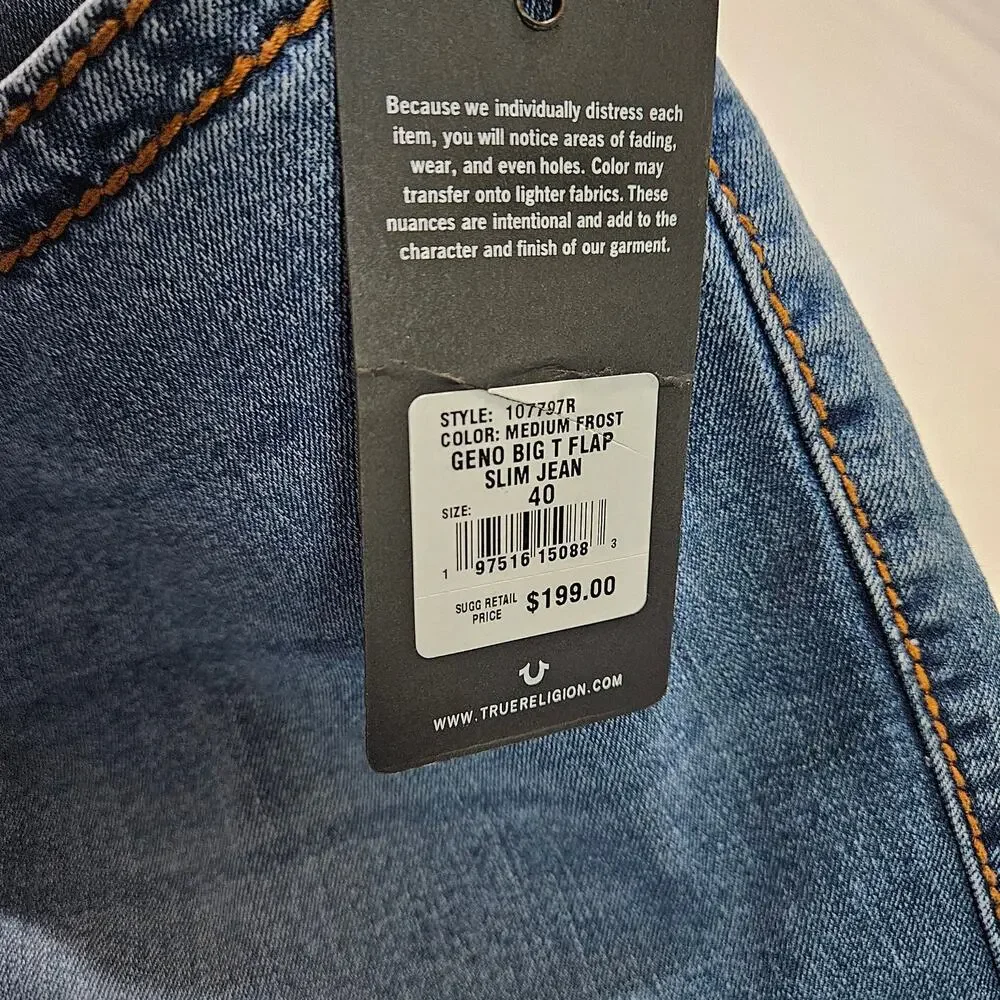True Religion Geno Relaxed Slim Big T Flap Jeans Blue Size 40x32